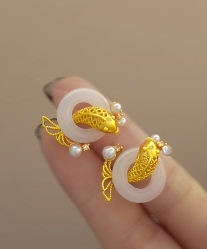 Stylish Gold Sterling Silver Overgild Jade Pearl Brocaded Carp Hoop Earrings YD038