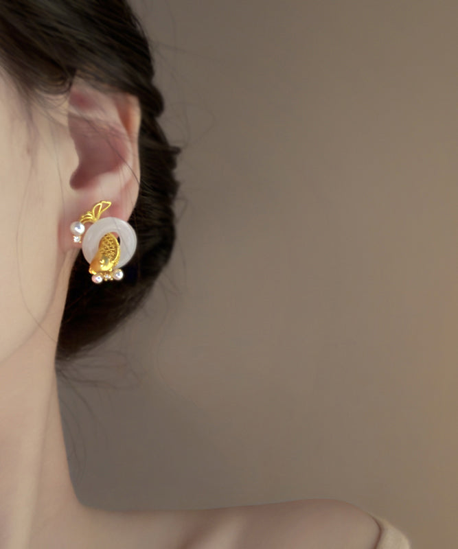 Stylish Gold Sterling Silver Overgild Jade Pearl Brocaded Carp Hoop Earrings YD038