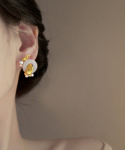 Stylish Gold Sterling Silver Overgild Jade Pearl Brocaded Carp Hoop Earrings YD038