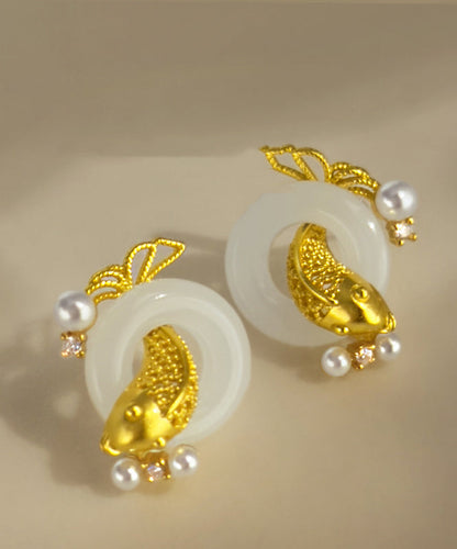 Stylish Gold Sterling Silver Overgild Jade Pearl Brocaded Carp Hoop Earrings YD038