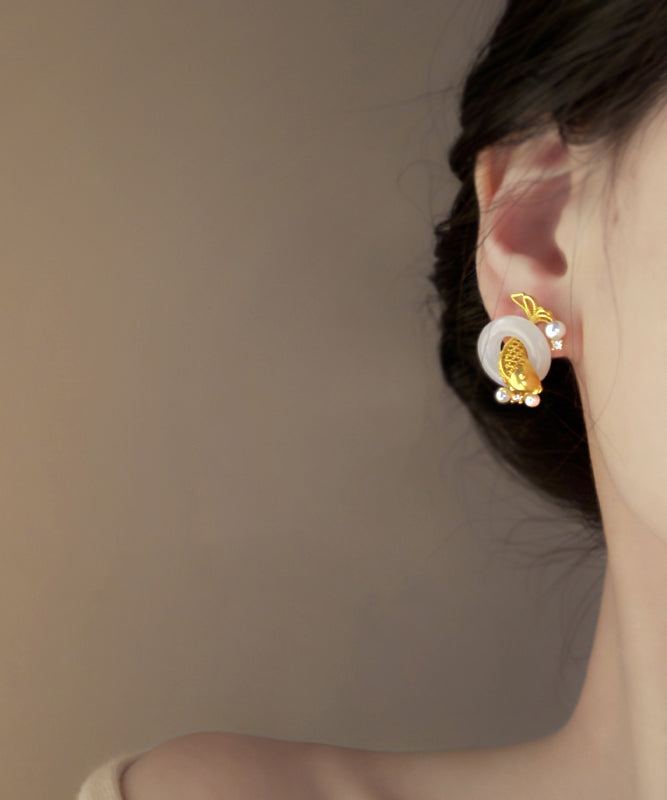 Stylish Gold Sterling Silver Overgild Jade Pearl Brocaded Carp Hoop Earrings YD038