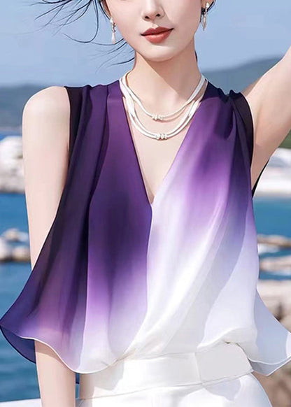 Sleeveless Neck V Gradient Tank Chiffon Stylish Patchwork Color