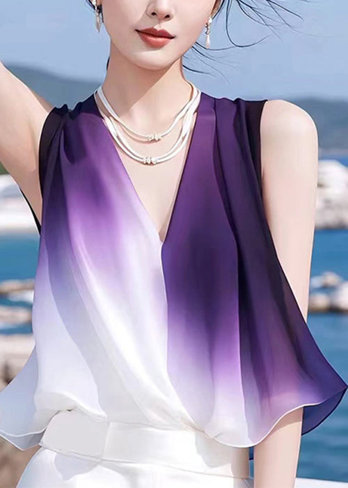Sleeveless Neck V Gradient Tank Chiffon Stylish Patchwork Color