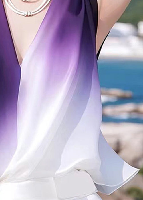 Sleeveless Neck V Gradient Tank Chiffon Stylish Patchwork Color
