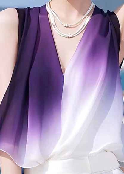 Sleeveless Neck V Gradient Tank Chiffon Stylish Patchwork Color