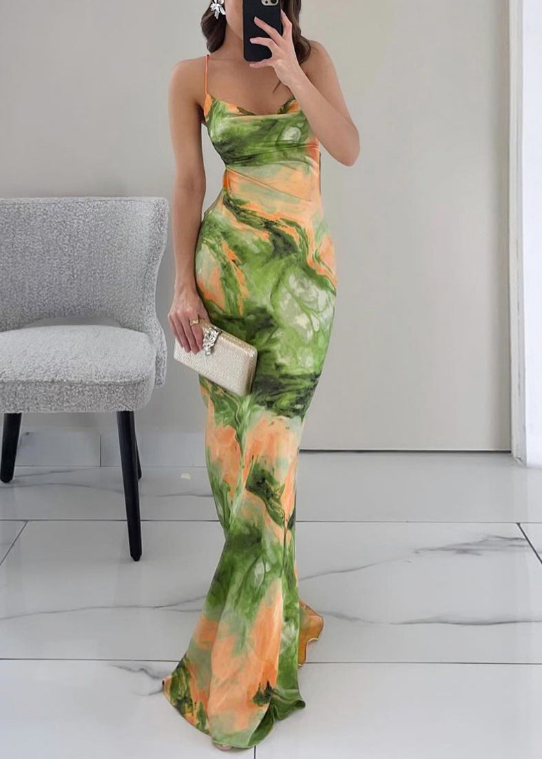 Print Summer Maxi Backless Dresses Stylish Up Lace Green