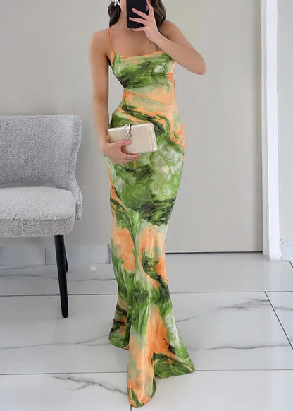 Print Summer Maxi Backless Dresses Stylish Up Lace Green