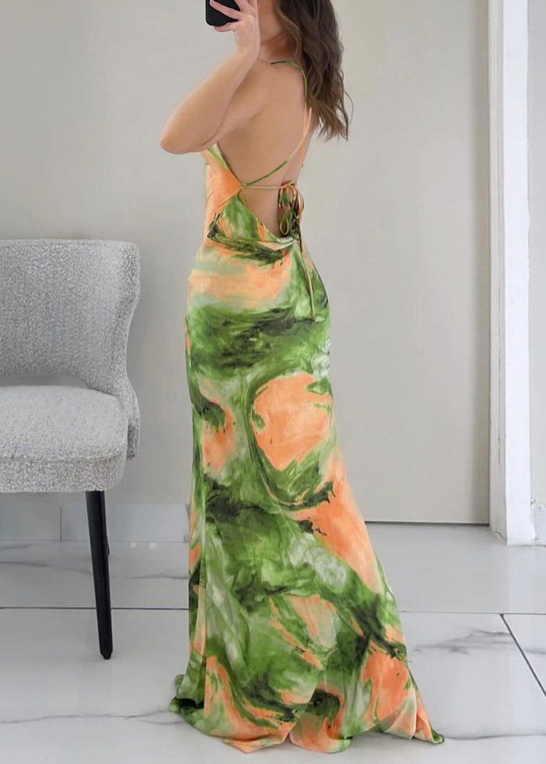 Print Summer Maxi Backless Dresses Stylish Up Lace Green