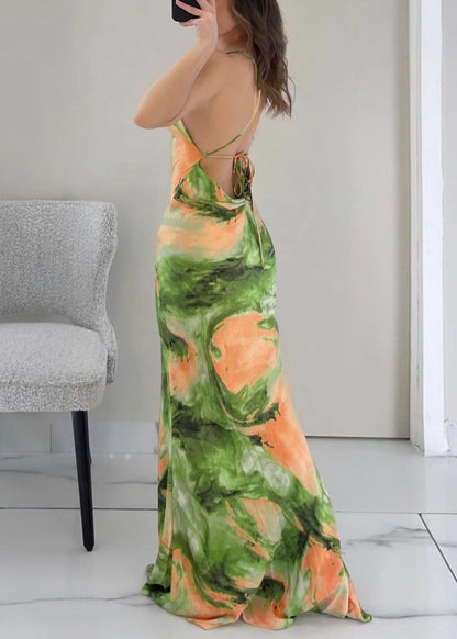 Print Summer Maxi Backless Dresses Stylish Up Lace Green