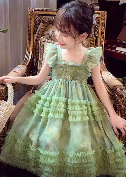 Stylish Green Bow Tulle Patchwork Girls Long Dress Summer TT002