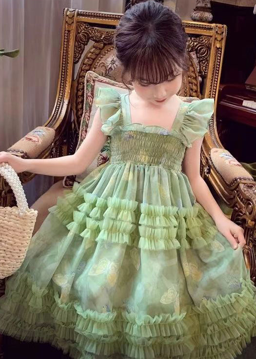 Stylish Green Bow Tulle Patchwork Girls Long Dress Summer TT002