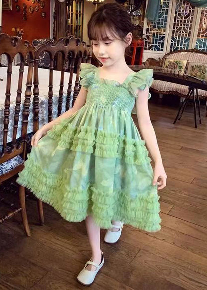 Stylish Green Bow Tulle Patchwork Girls Long Dress Summer TT002