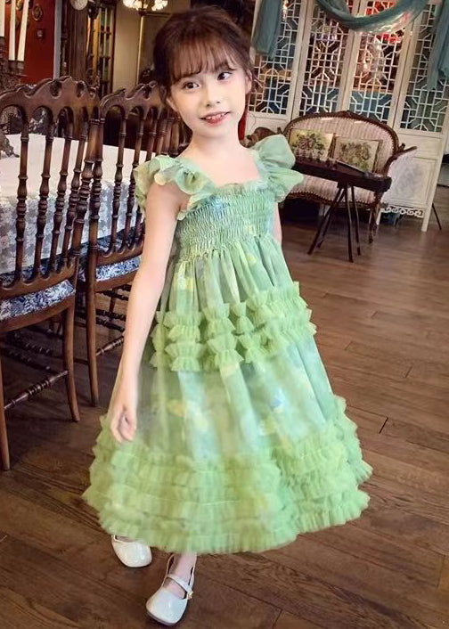 Stylish Green Bow Tulle Patchwork Girls Long Dress Summer TT002