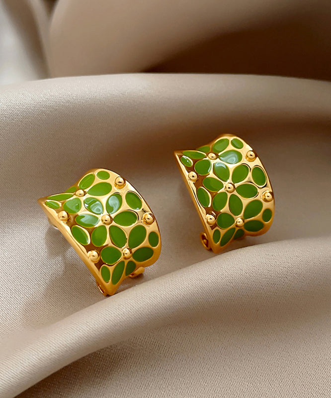 Stylish Green Floral Copper Hoop C-Shaped Earrings