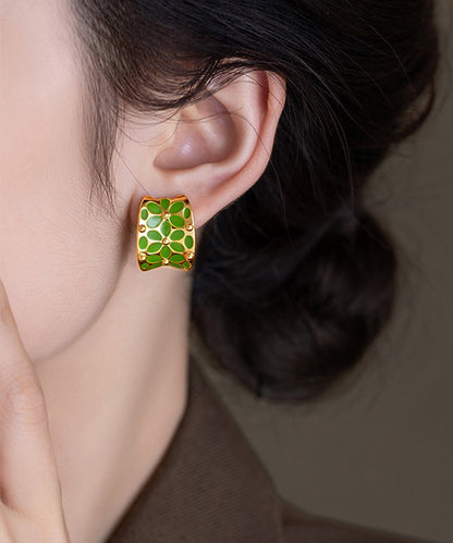 Stylish Green Floral Copper Hoop C-Shaped Earrings