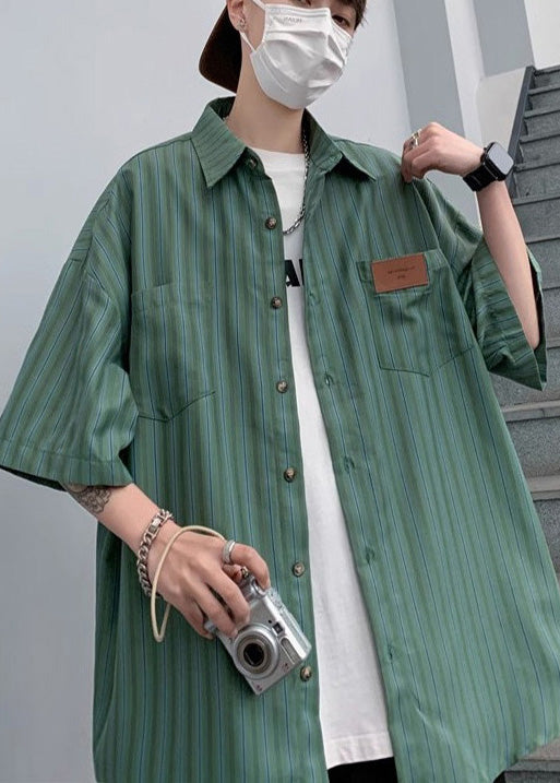 Stylish Cotton Striped Half Oversized Sleeve Apparel Green Men