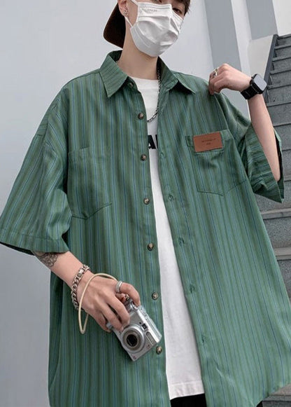 Stylish Cotton Striped Half Oversized Sleeve Apparel Green Men