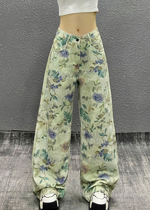 Green Waist Summer Denim Stylish High Pants Print