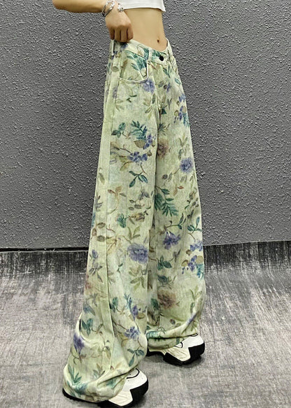 Green Waist Summer Denim Stylish High Pants Print