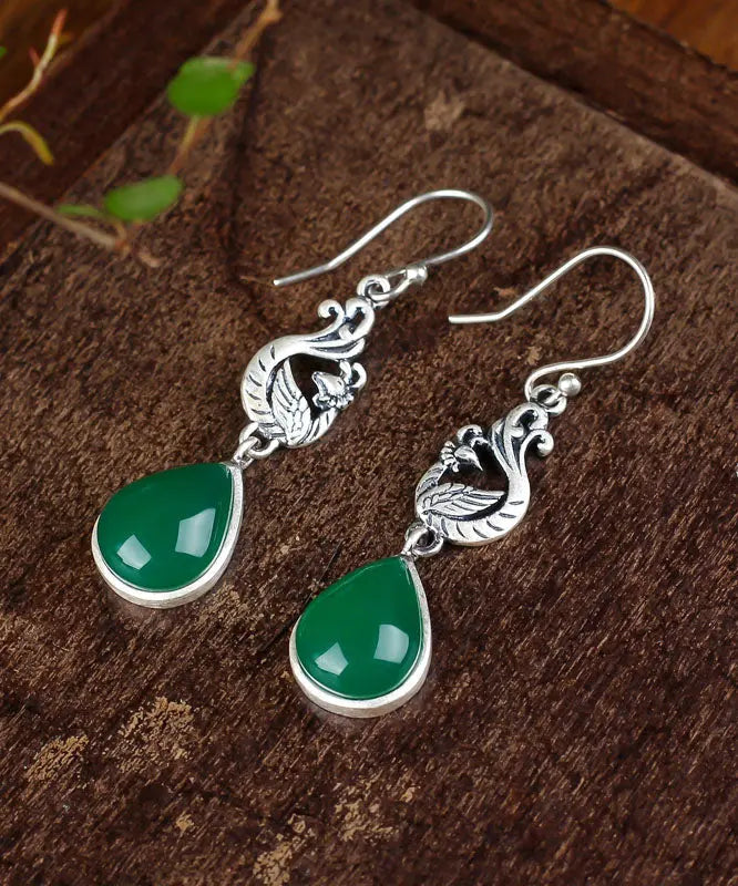 Stylish Green Sterling Silver Inlaid Water Drop Chalcedony Drop Earrings Ada Fashion