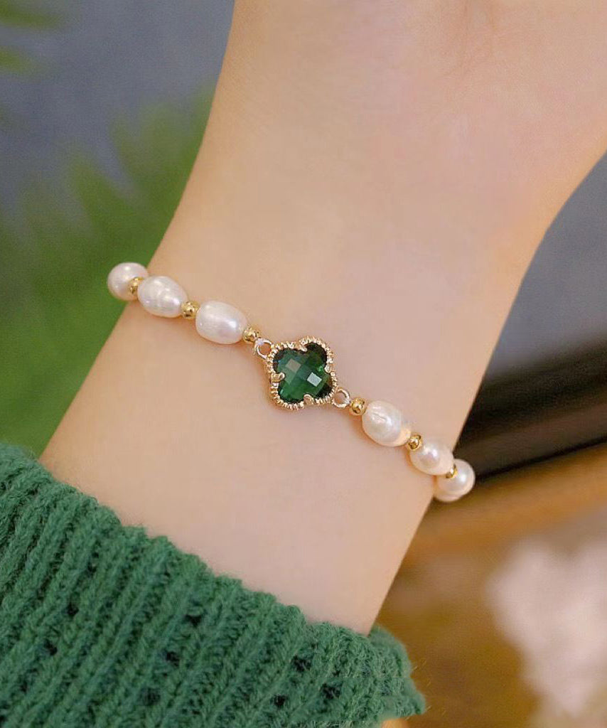 Silver Clover Pearl Overgild Charm Stylish Sterling Green