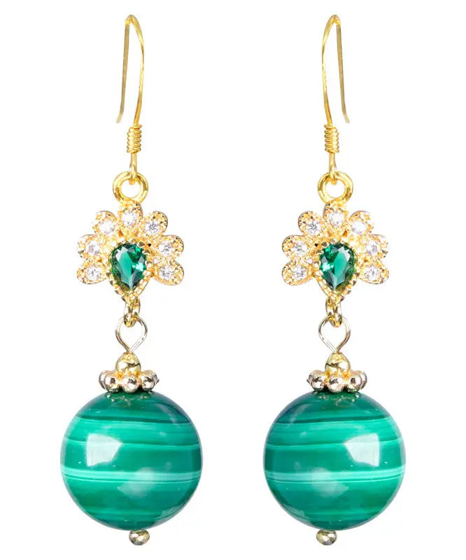 Stylish Green Sterling Silver Overgild Zircon Malachite Drop Earrings Ada Fashion