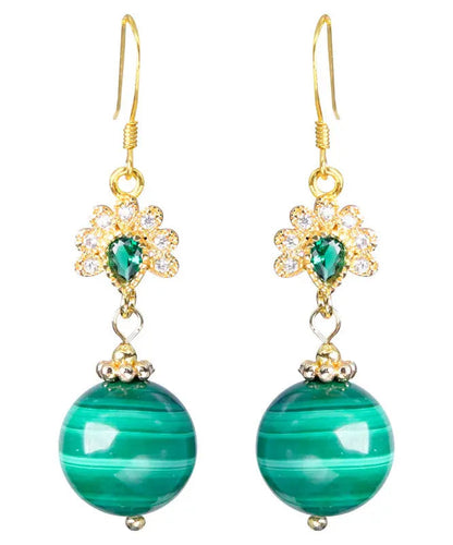 Stylish Green Sterling Silver Overgild Zircon Malachite Drop Earrings Ada Fashion
