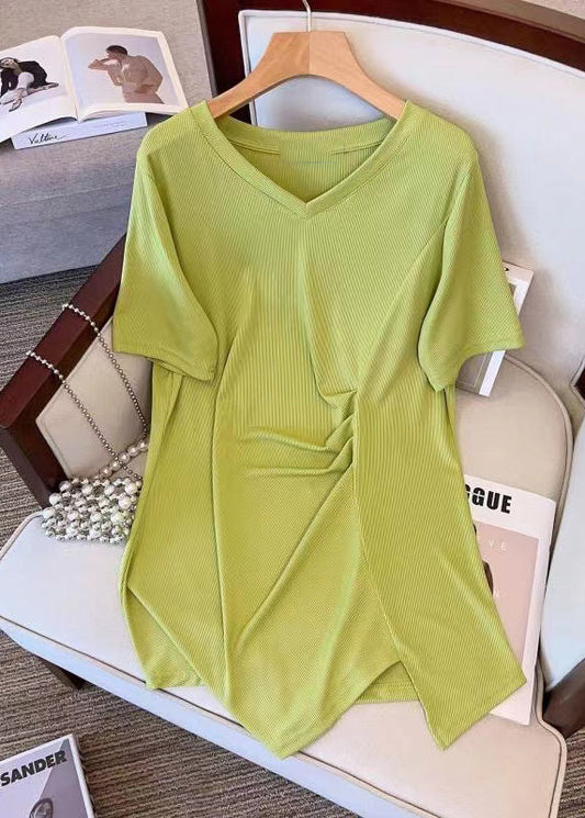 Stylish Green V Neck Asymmetrical Wrinkled Cotton T Shirt Top Summer AP042