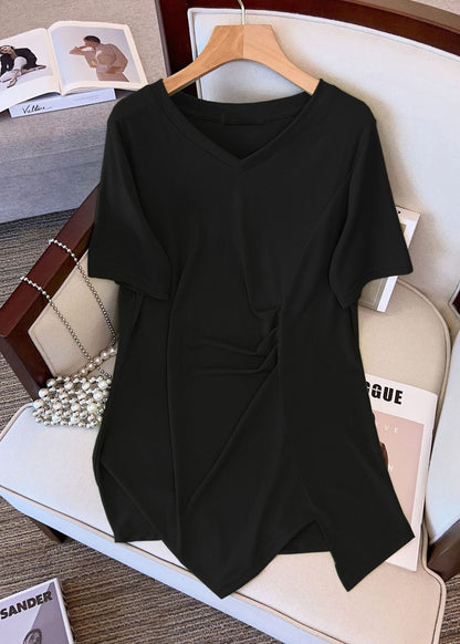 Stylish Green V Neck Asymmetrical Wrinkled Cotton T Shirt Top Summer AP042