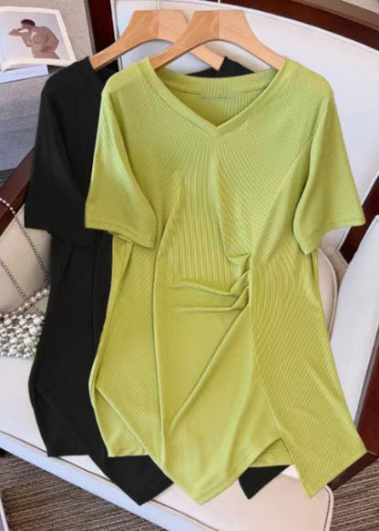 Stylish Green V Neck Asymmetrical Wrinkled Cotton T Shirt Top Summer AP042