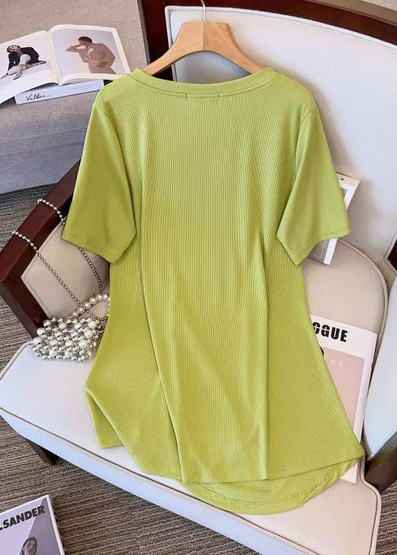 Stylish Green V Neck Asymmetrical Wrinkled Cotton T Shirt Top Summer AP042