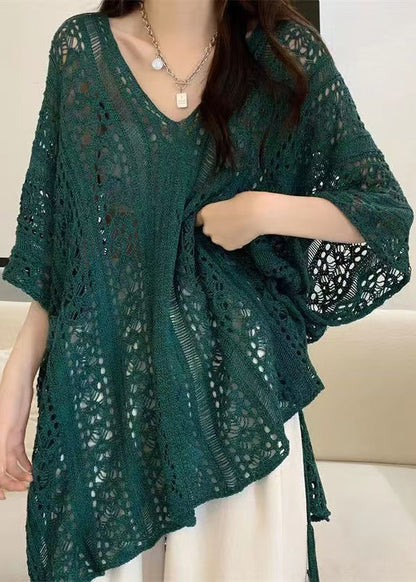 Stylish Neck V Knit Out Shirt Hollow Green Summer Tops