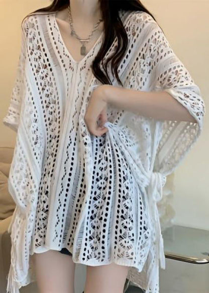 Stylish Neck V Knit Out Shirt Hollow Green Summer Tops