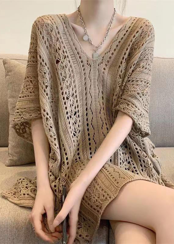 Stylish Neck V Knit Out Shirt Hollow Green Summer Tops