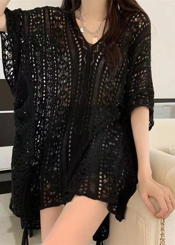 Stylish Neck V Knit Out Shirt Hollow Green Summer Tops