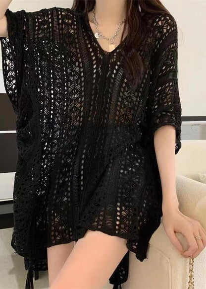 Stylish Neck V Knit Out Shirt Hollow Green Summer Tops