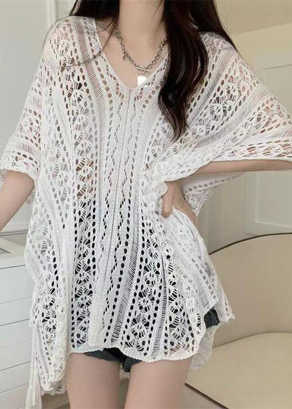 Stylish Neck V Knit Out Shirt Hollow Green Summer Tops