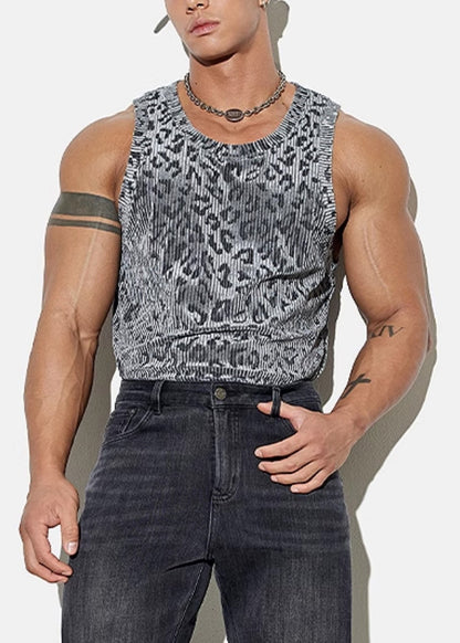 Sleeveless Cozy Stylish Velour Leopard Grey Mens Tank Silk