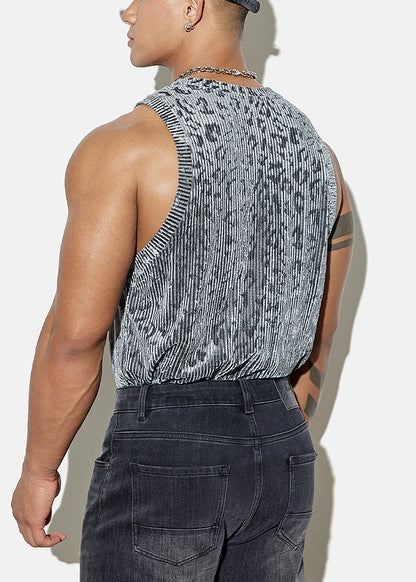 Sleeveless Cozy Stylish Velour Leopard Grey Mens Tank Silk