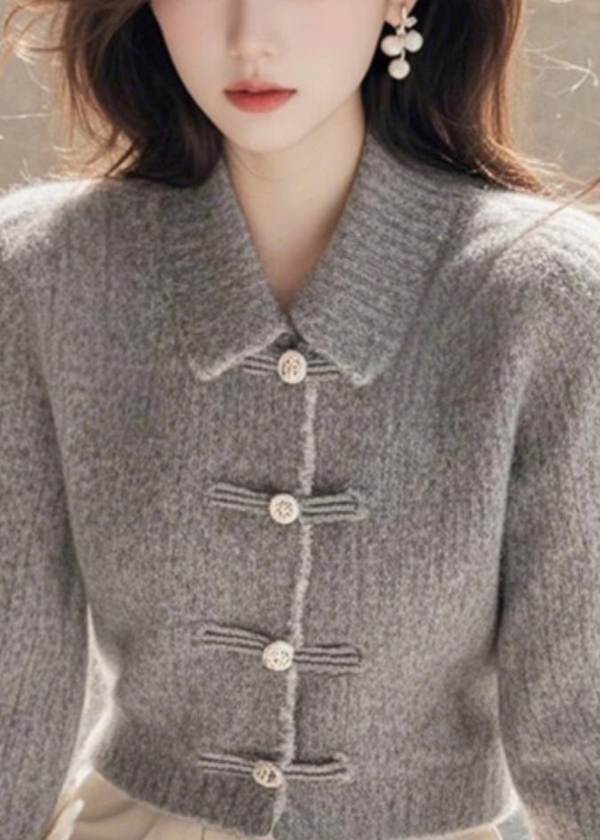 Stylish Grey Peter Pan Collar Button Knit Sweaters Spring TF037
