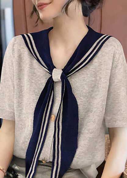 Summer T Stylish Collar Sailor Shirt Patchwork Grey Cotton