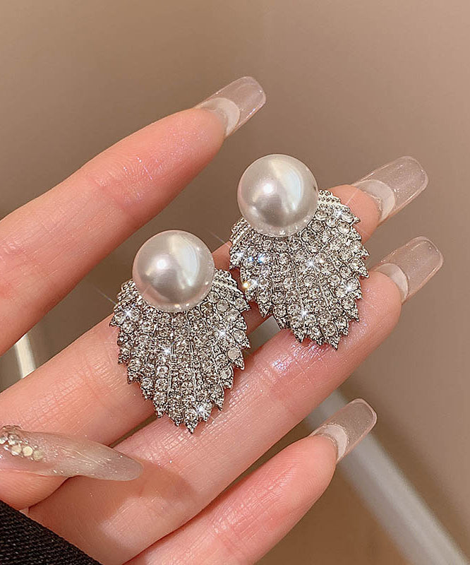 Stylish Grey Sterling Silver Alloy Pearl Zircon Stud Earrings QQ053