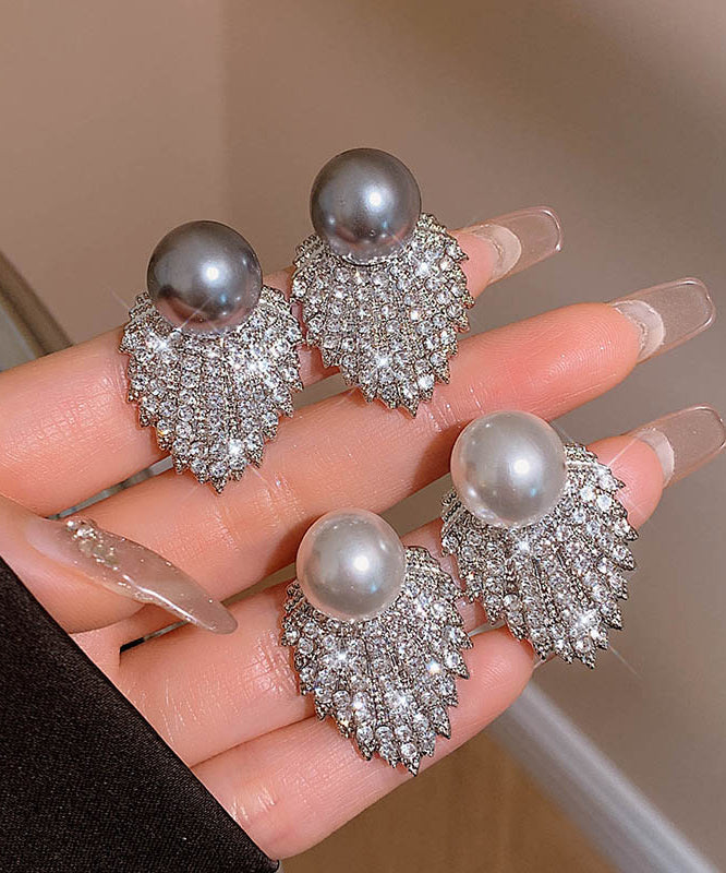 Stylish Grey Sterling Silver Alloy Pearl Zircon Stud Earrings QQ053