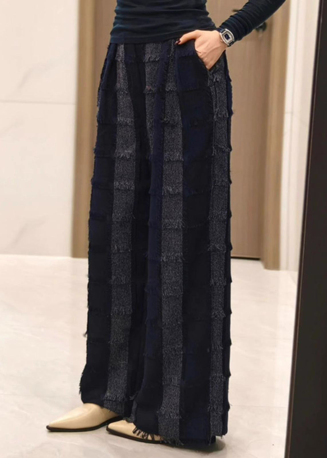 Cotton Pants Striped Tasseled Fall Stylish Grey