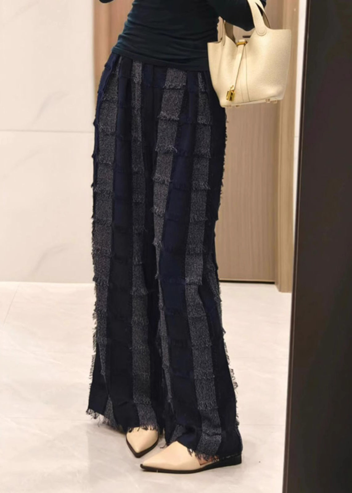 Cotton Pants Striped Tasseled Fall Stylish Grey