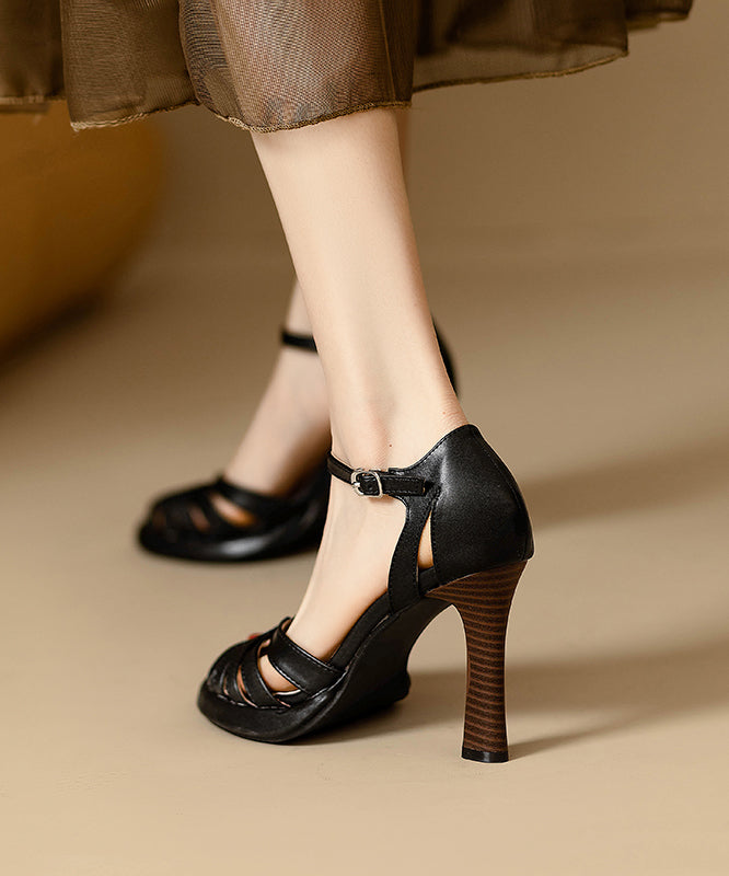 Hollow Heel Strap Faux Out Buckle Stylish Sandals High Black