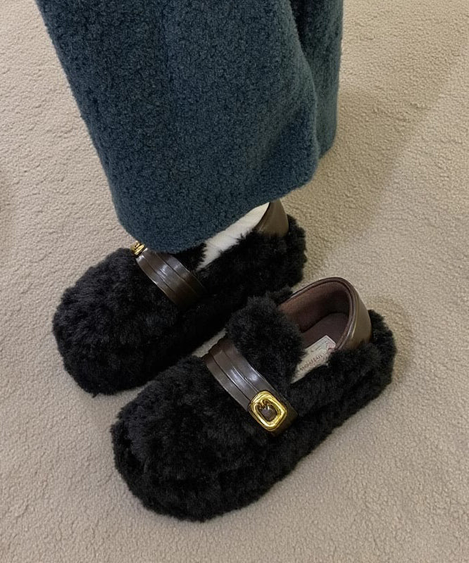Stylish Khaki Fuzzy Fur Fluffy Splicing Comfy Flat Feet Shoes YR038