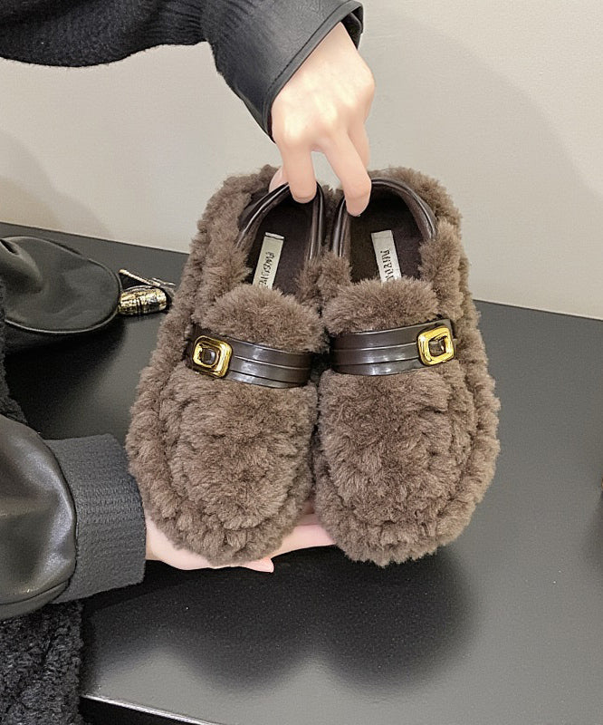 Stylish Khaki Fuzzy Fur Fluffy Splicing Comfy Flat Feet Shoes YR038
