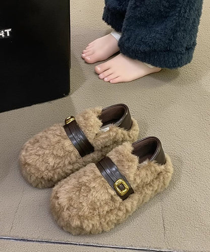 Stylish Khaki Fuzzy Fur Fluffy Splicing Comfy Flat Feet Shoes YR038