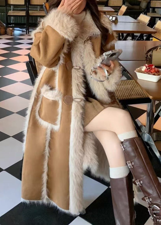 Stylish Khaki Pockets Patchwork Leather And Fur Warm Fleece Coat Winter YY011